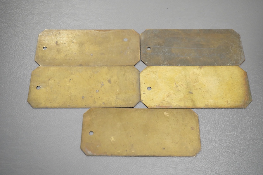 Five brass LNER engraved railway locomotive plates; ‘Not To Be Removed’, locomotive numbers; 8056, 8063, 8069, 8070, and 8072, each 11.8 x 5cm